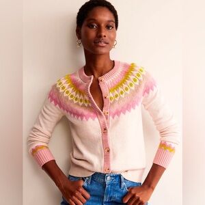 Boden Pink & Cream Fair Isle Crewneck Cardigan size XS